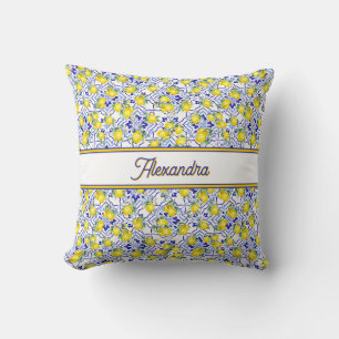 Monogram Name Lemon Blue French Country Tile Throw Pillow