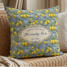Monogram Name Lemon Blue French Country Tile  Throw Pillow