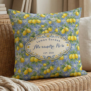Monogram Name Lemon Blue French Country Tile Throw Pillow