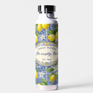 Monogram Name Lemon Blue French Country Tile Water Bottle