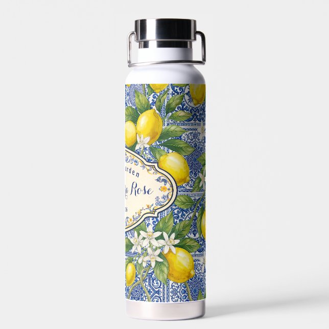 Monogram Name Lemon Blue French Country Tile  Water Bottle (Back)