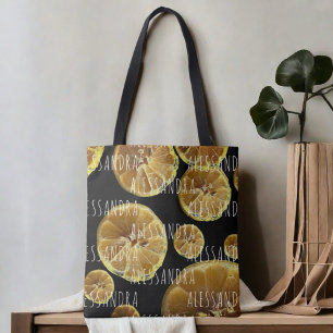 Monogram name lemon slices black yellow white tote bag