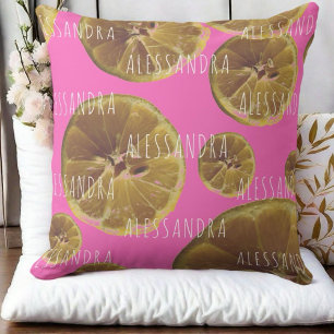 Monogram name lemon slices hot pink yellow girly throw pillow