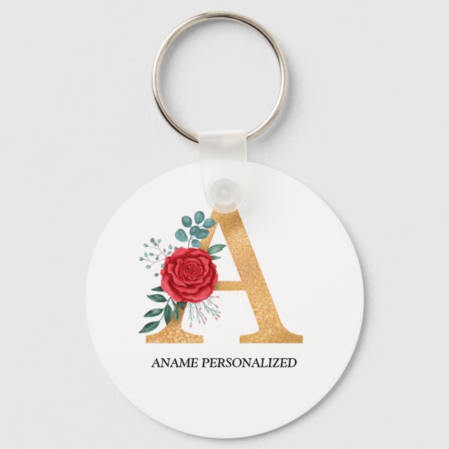 Monogram Name Letters Gold and red  Keychain (Front)