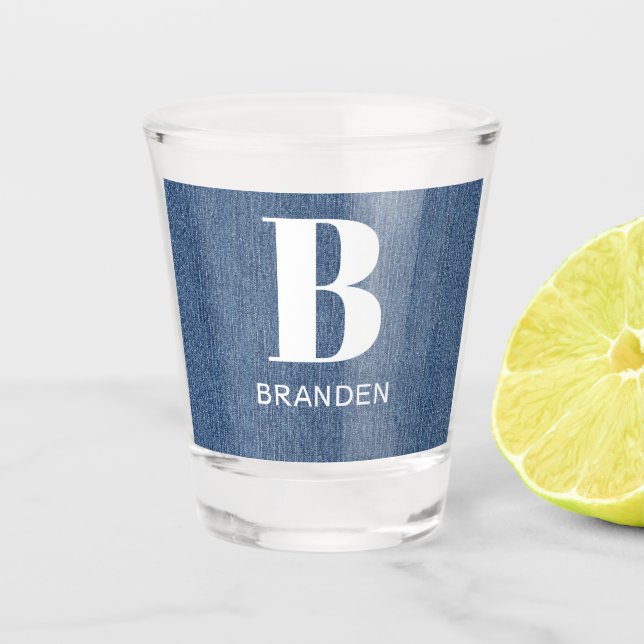 Monogram Name, Light Blue Denim Print 1.5oz Shot Glass (Front)