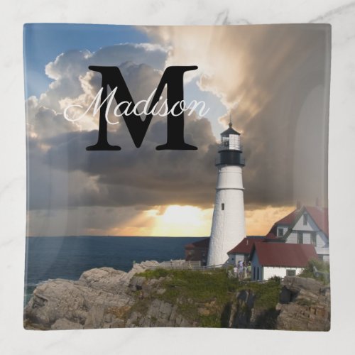 Monogram Name Lighthouse Sunset Photo Trinket Tray