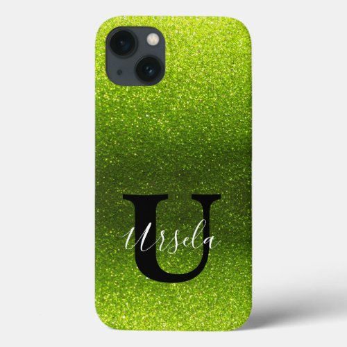 Monogram Name Lime Green Ombre Glitter Sparkles iPhone 13 Case