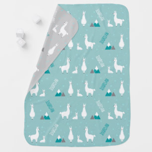 Monogram Name Llama Teal Blue Gray Baby Blanket