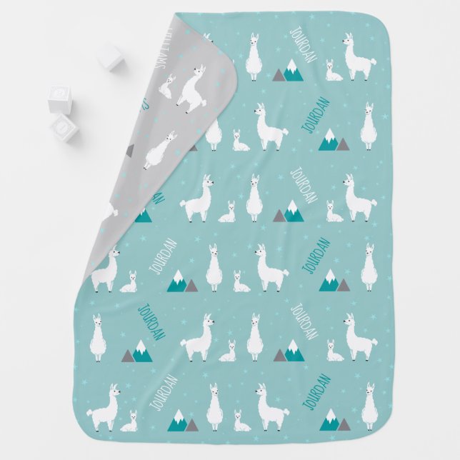 Monogram Name Llama Teal Blue Gray Baby Blanket (In Situ)