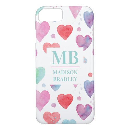 Monogram Name Love Heart Watercolor Girly Pattern iPhone 87 Case