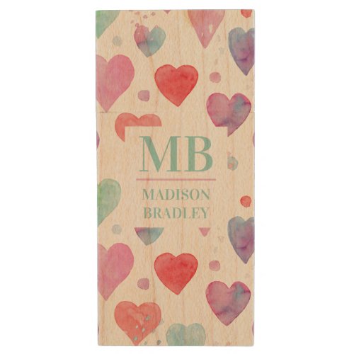 Monogram Name Love Heart Watercolor Girly Pattern Wood Flash Drive