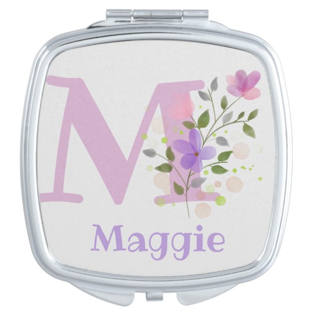 Monogram & Name Maggie with Flowers Compact Mirror (Front)