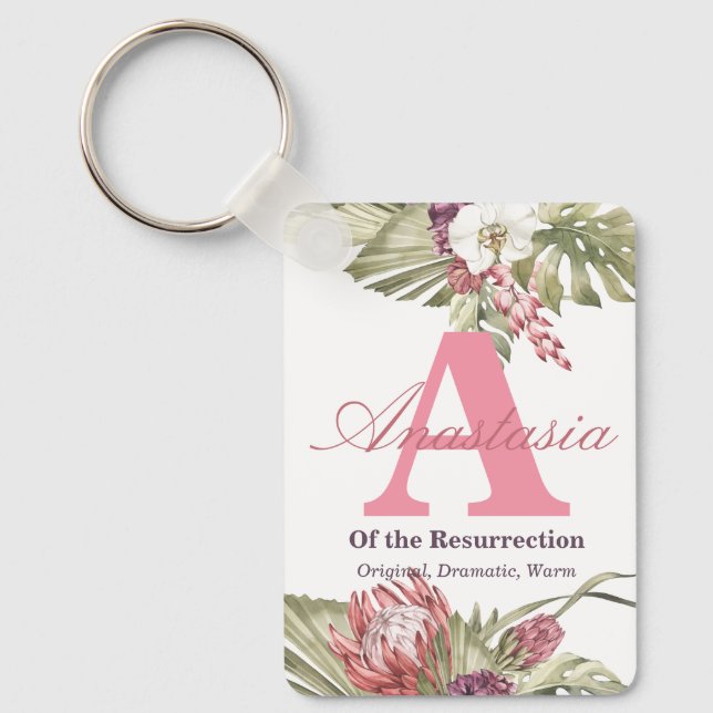 Monogram & Name Meaning Tropical Floral Keychain (Front)