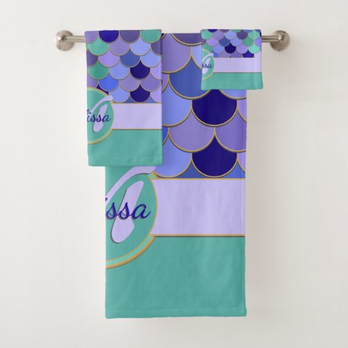 Monogram  Name Mermaid Aqua Teal Purple Blue Bath Towel Set