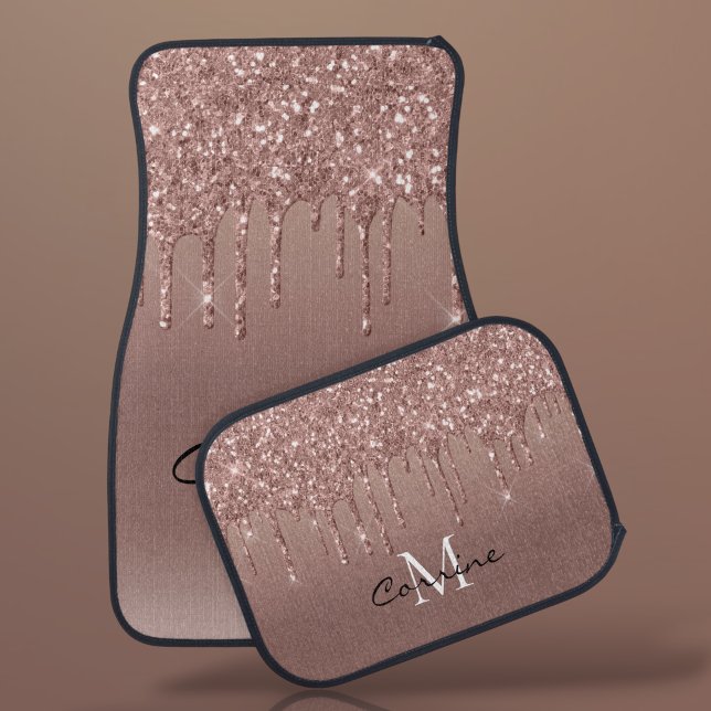 Monogram Name Metallic Rose Gold Dripping Glitter Car Floor Mat (Creator Uploaded)