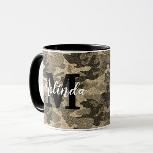 Monogram Name Military Camouflage Gold Glitter Mug