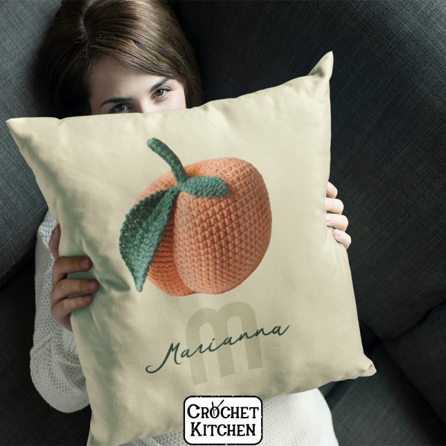 Monogram Name Minimal Modern Crochet Peach   Throw Pillow (Creator Uploaded)