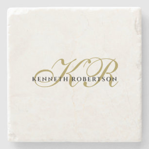 Monogram Name Minimalist Gold black Elegant Men Stone Coaster