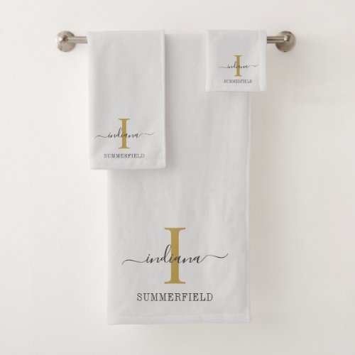 Monogram Name Minimalist Gold Gray Script Bath Towel Set