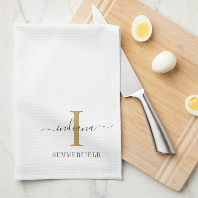 Monogram Name Minimalist Gold Gray Script Custom Kitchen Towel (Quarter Fold)
