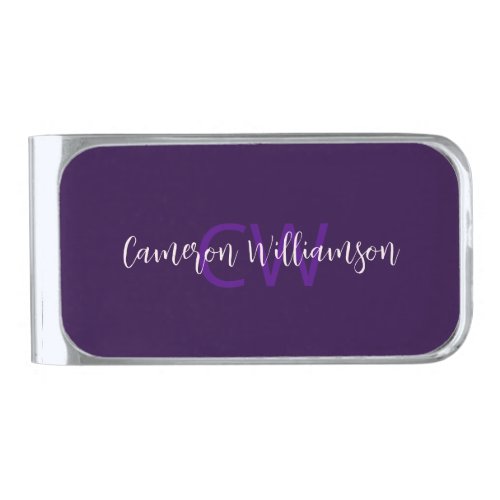 Monogram  Name Minimalist Solid Deep Purple Silver Finish Money Clip