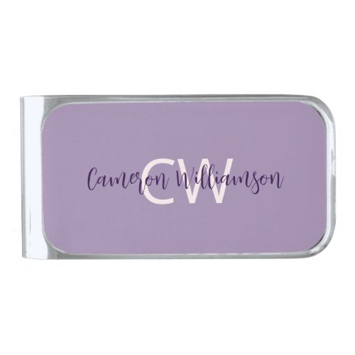 Monogram  Name Minimalist Solid Violet Silver Finish Money Clip