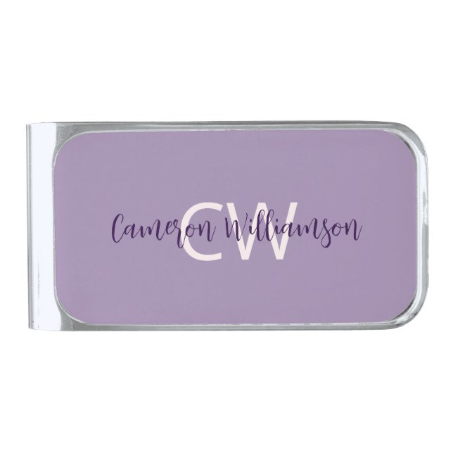 Monogram & Name Minimalist Solid Violet Silver Finish Money Clip (Front)