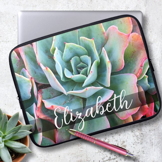 Monogram Name Mint Green Pink Cactus Photo Modern Laptop Sleeve (Creator Uploaded)