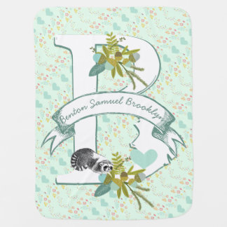 Monogram Name Mint Teal Garland Raccoon Acorns Stroller Blanket
