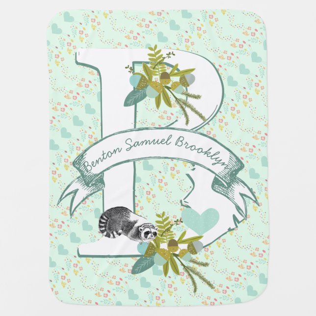Monogram Name Mint Teal Garland Raccoon Acorns Stroller Blanket (Front)
