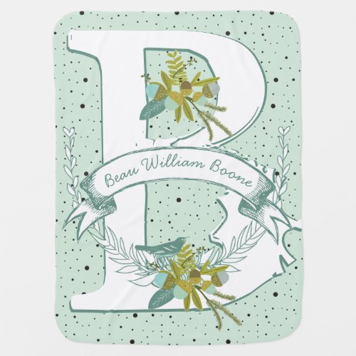 Monogram Name Minty Teal Garland Dalmatian Dots Receiving Blanket