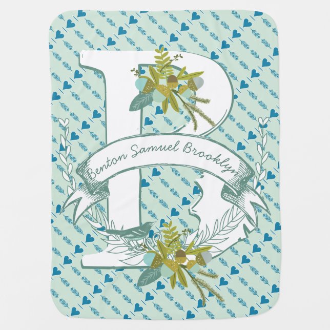 Monogram Name Minty Teal Garland Dalmatian Dots Swaddle Blanket (Front)