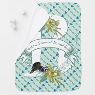 Monogram Name Minty Teal Garland Raccon Acorns Swaddle Blanket