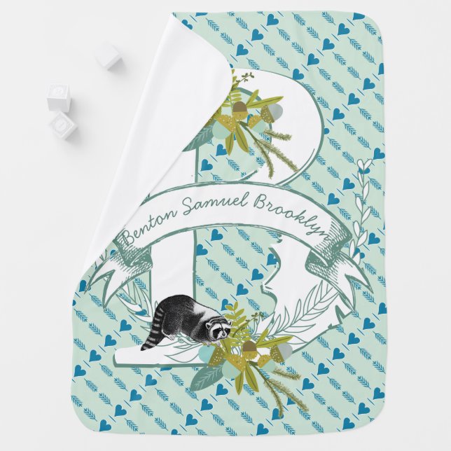 Monogram Name Minty Teal Garland Raccon Acorns Swaddle Blanket (In Situ)