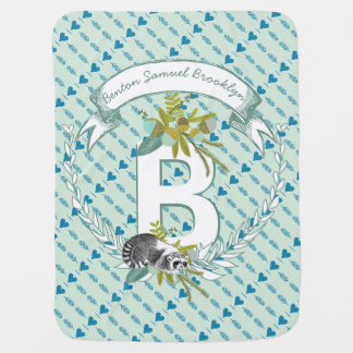 Monogram Name Minty Teal Garland Raccoon Acorn Swaddle Blanket