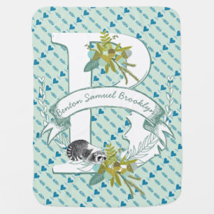Monogram Name Minty Teal Garland Raccoon Acorns Baby Blanket
