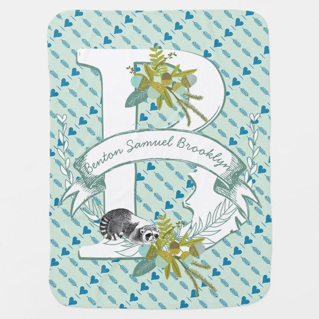Monogram Name Minty Teal Garland Raccoon Acorns Baby Blanket (Front)