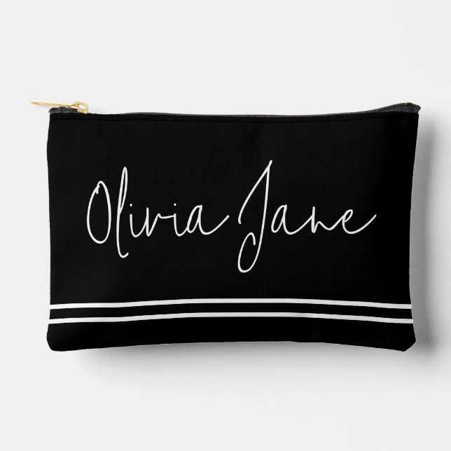 Monogram Name Modern Black White Stripes Accessory Pouch (Front)