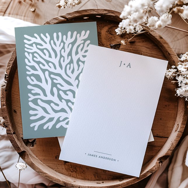 Monogram & Name Modern Minimal Nautical Coral Note Card (Creator Uploaded)