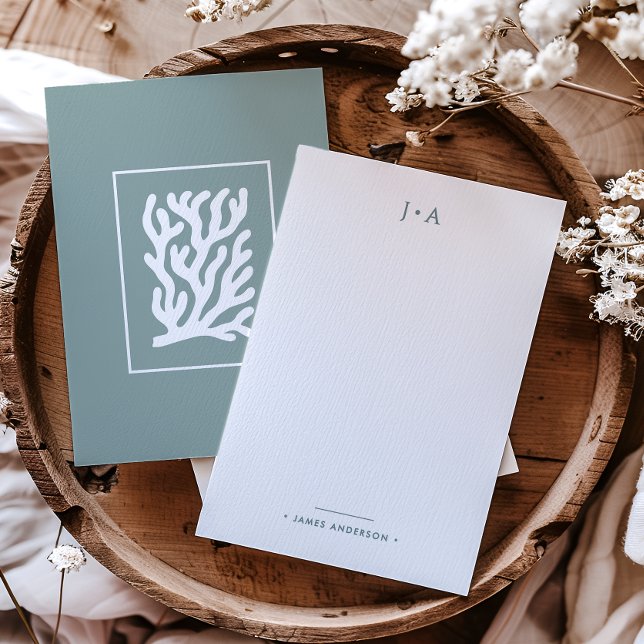 Monogram & Name Modern Minimal Nautical Coral Note Card (Creator Uploaded)