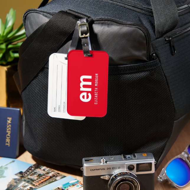 Monogram Name Modern Minimal Red Luggage Tag (Front & Back)