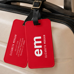 Monogram Name Modern Minimal Red Luggage Tag