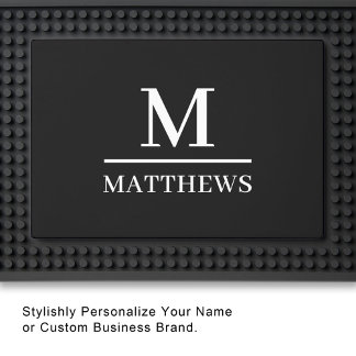 Monogram Name Modern Minimalist Black White Bar Mat