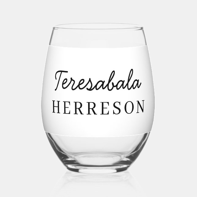 Monogram Name Modern Minimalist Stylish Design Stemless Wine Glass (Front)