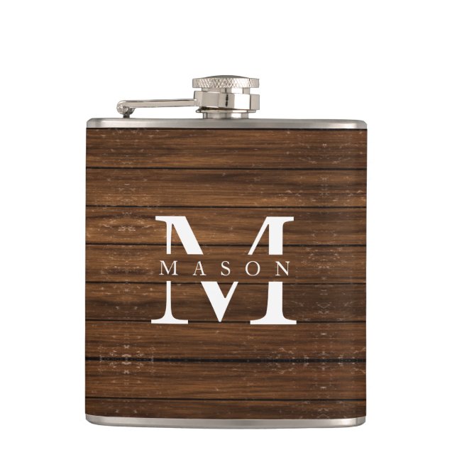 Monogram Name Modern Rustic Wood White Classy Flask (Front)