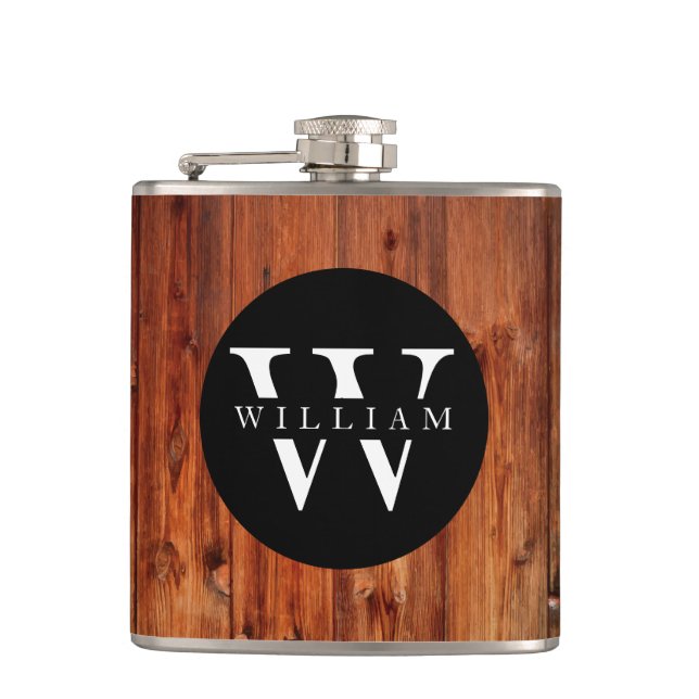 Monogram Name Modern Rustic Wood White Classy Flask (Front)