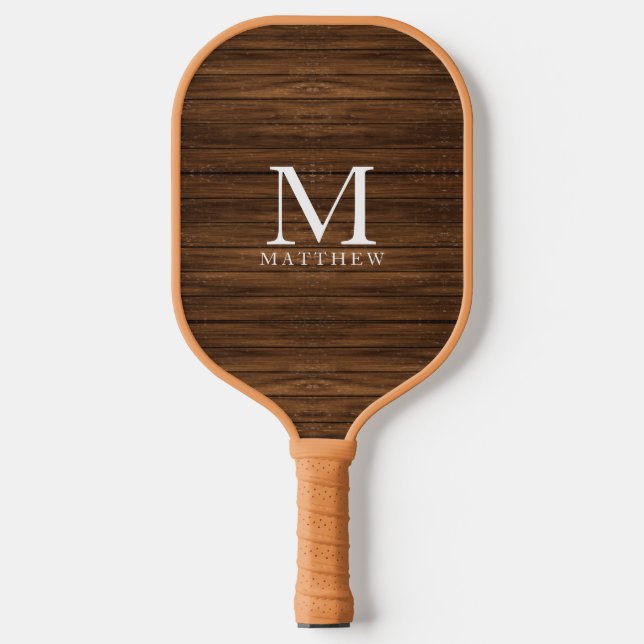 Monogram Name Modern Rustic Wood White Cute Pickleball Paddle (Front)