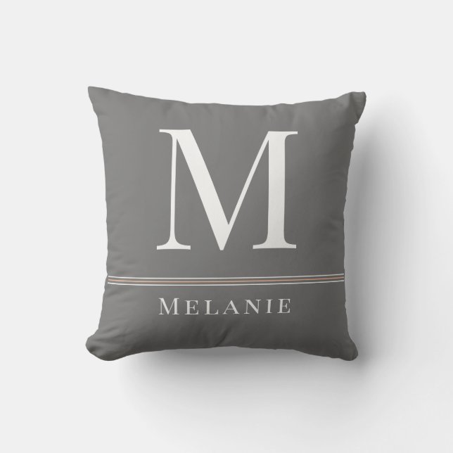 Monogram Name Modern Typography Gray White Peach Throw Pillow (Front)