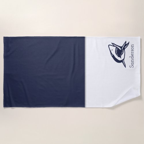 Monogram Name Nautical Shark Navy Blue  white  Beach Towel