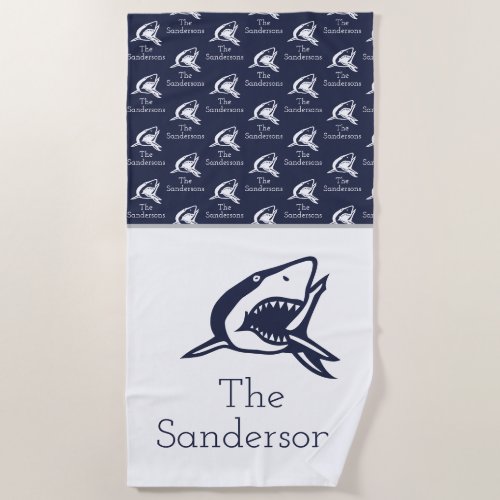 Monogram Name Nautical Shark Navy Blue  white  Beach Towel